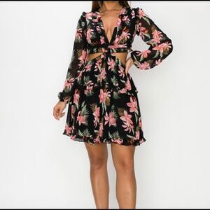 Black Floral Chiffon Ruffle Dress